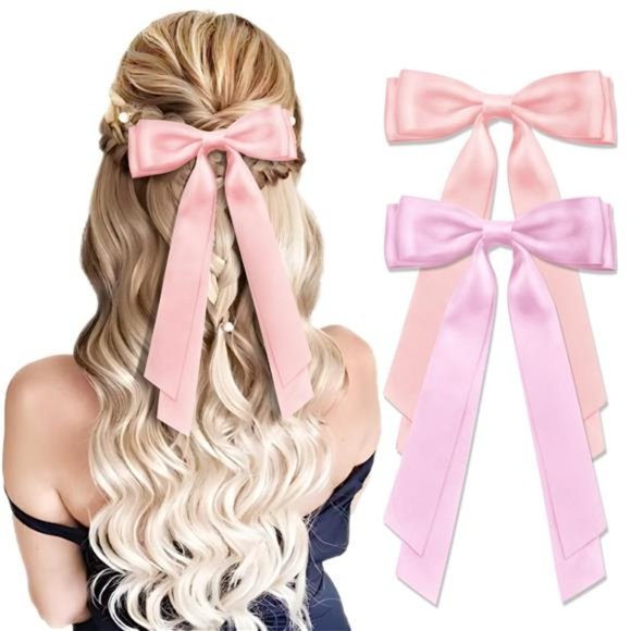 Accessories - 2PCS Silky Satin Hair Bows, Cute Vintage Bow Hair Clips Double Ribbon Tassel